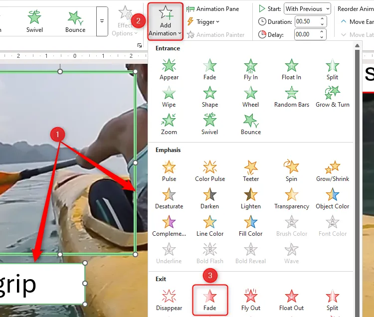 Hai đối tượng được chọn trên slide PowerPoint và hoạt ảnh thoát Fade trong menu Add Animation được đánh dấu