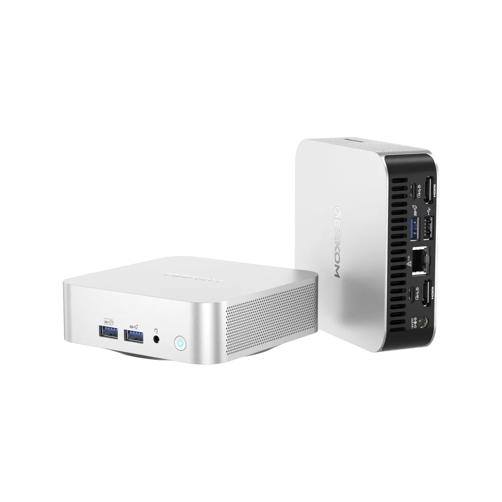 Hai góc nhìn khác nhau của Mini PC GEEKOM A6, nổi bật thiết kế nhôm nguyên khối và sự tinh xảo trong từng chi tiết.