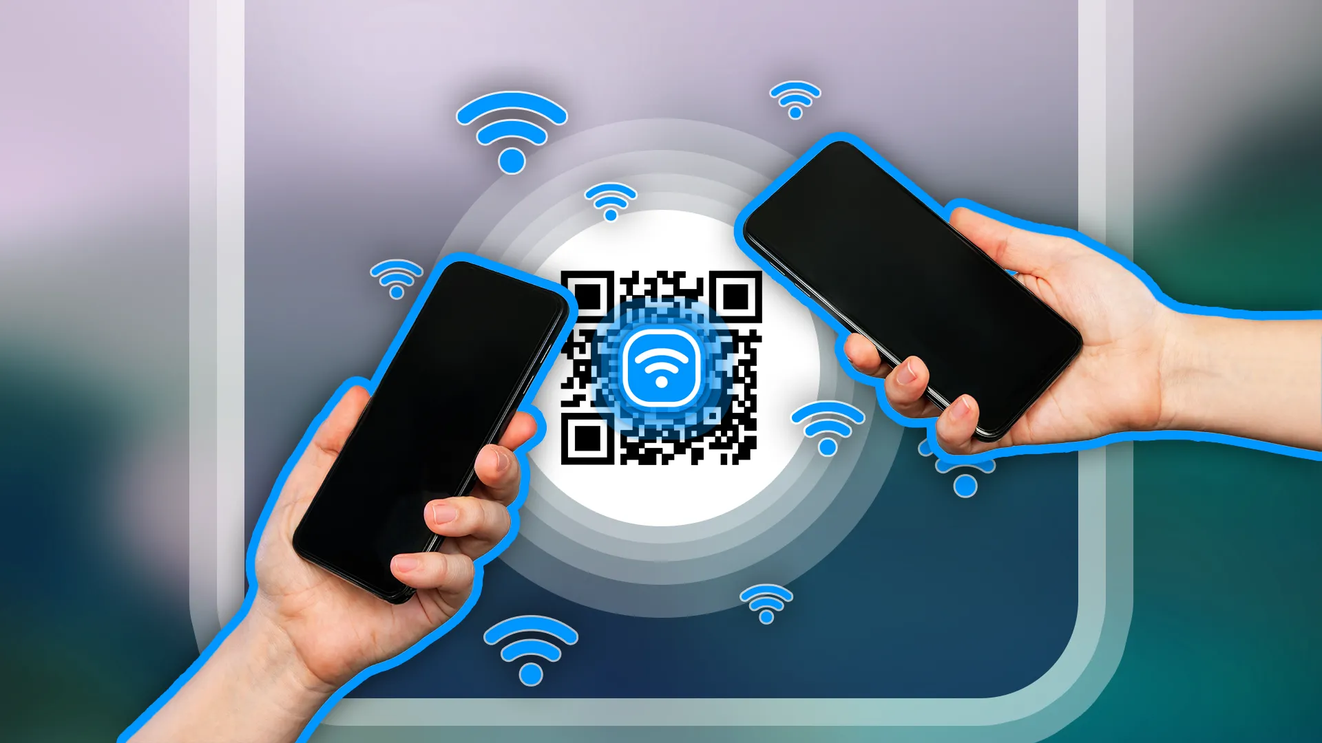 Hai tay cầm điện thoại với mã QR ở giữa và biểu tượng Wi-Fi