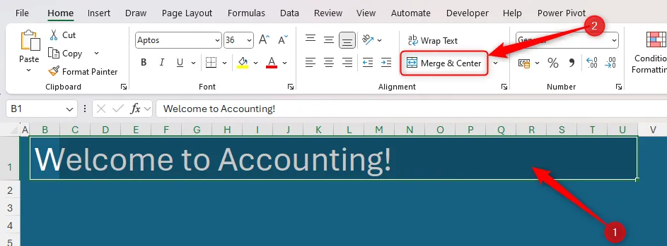 Hàng tiêu đề trong bảng tính Excel được chọn và tùy chọn Gộp và Căn giữa trên tab Trang chủ được làm nổi bật