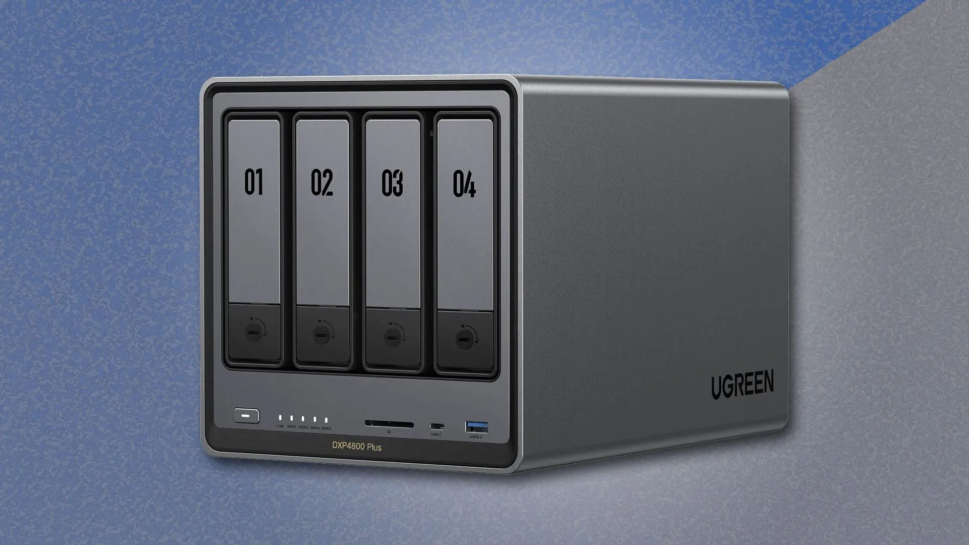 Hệ thống lưu trữ NAS UGREEN NASync DXP4800 Plus trên nền xanh xám, thể hiện thiết kế hiện đại.
