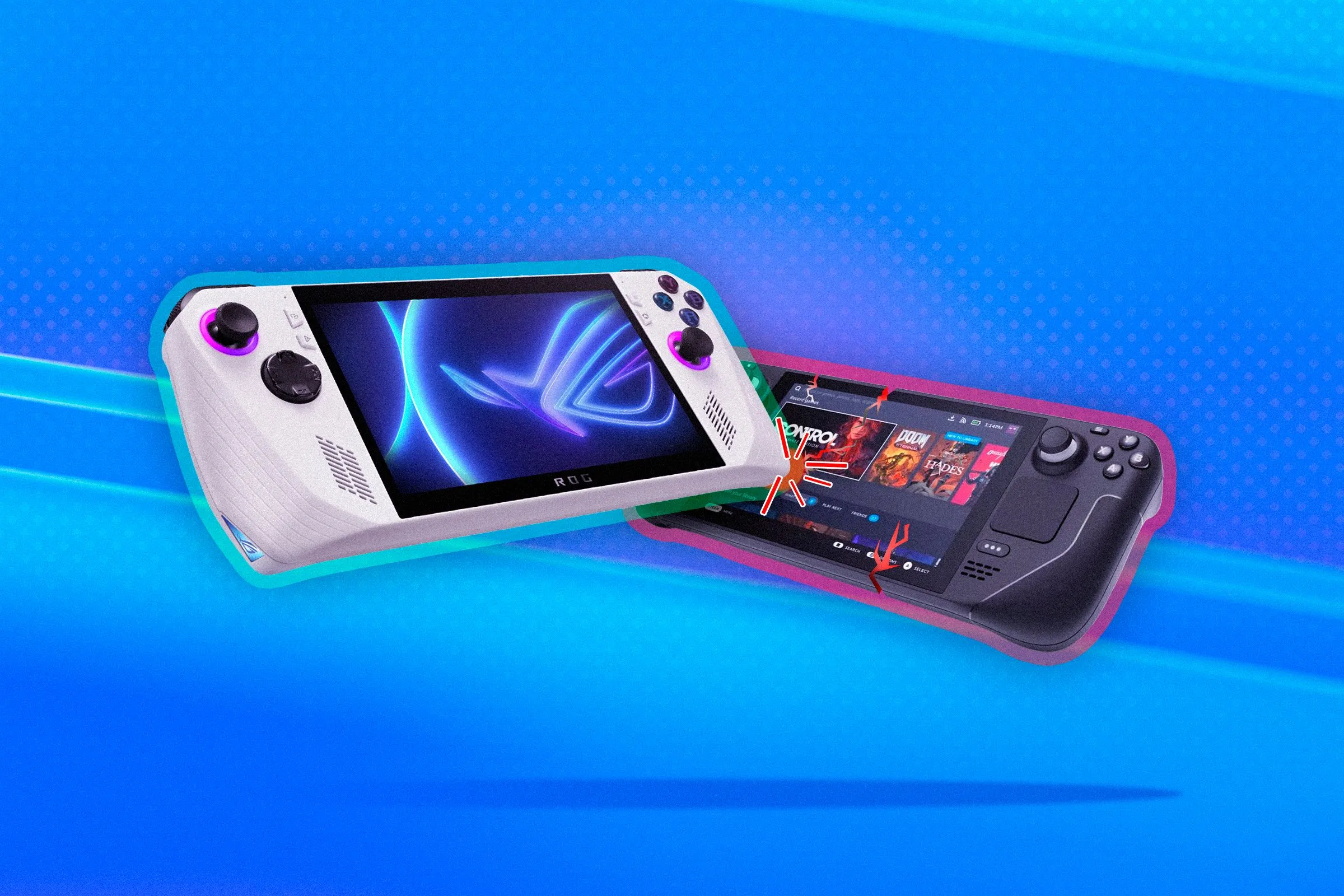 Hình ảnh ẩn dụ cuộc chiến cạnh tranh giữa ROG Ally và Steam Deck, hai ông lớn trong thị trường PC handheld.