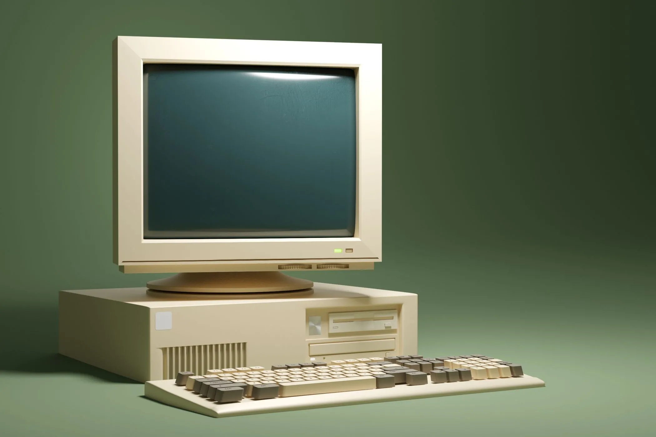 Hình ảnh dựng máy tính retro vỏ be cũ trên nền xanh lá cây