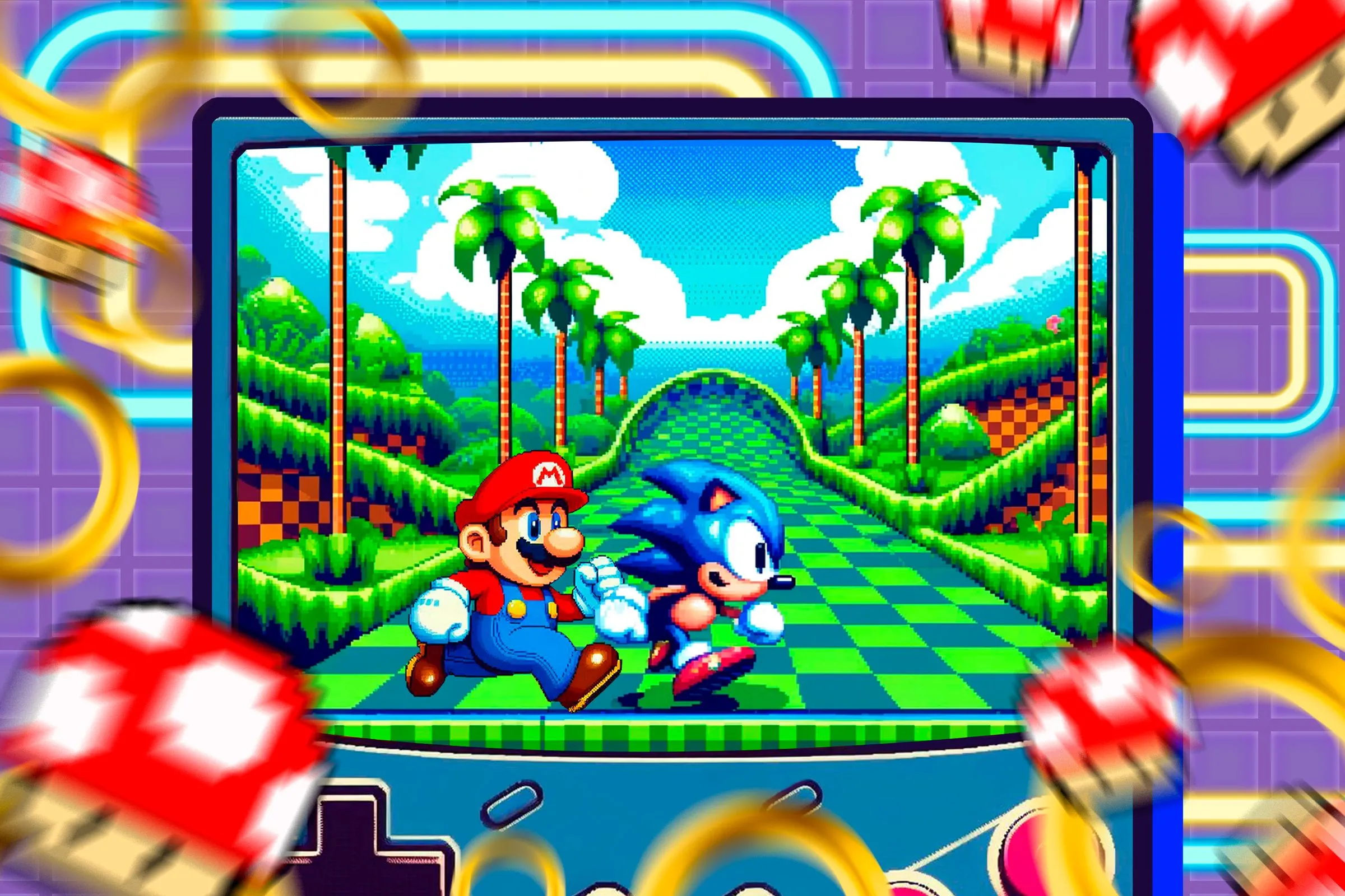 Hình ảnh game cầm tay retro hiển thị Sonic và Super Mario trên màn hình, tượng trưng cho tiềm năng hợp tác crossover giữa hai biểu tượng game platform.