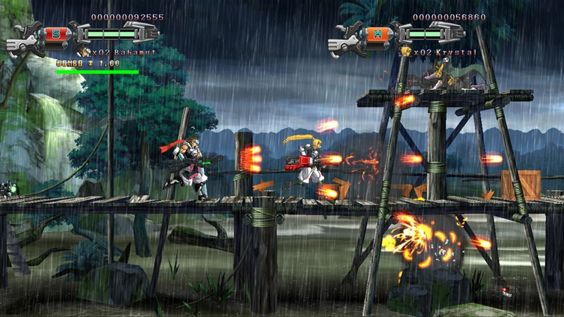 Hình ảnh gameplay từ Hard Corps Uprising, minh họa phong cách bắn súng run-and-gun hiện đại với đồ họa chi tiết và nhiều hiệu ứng.