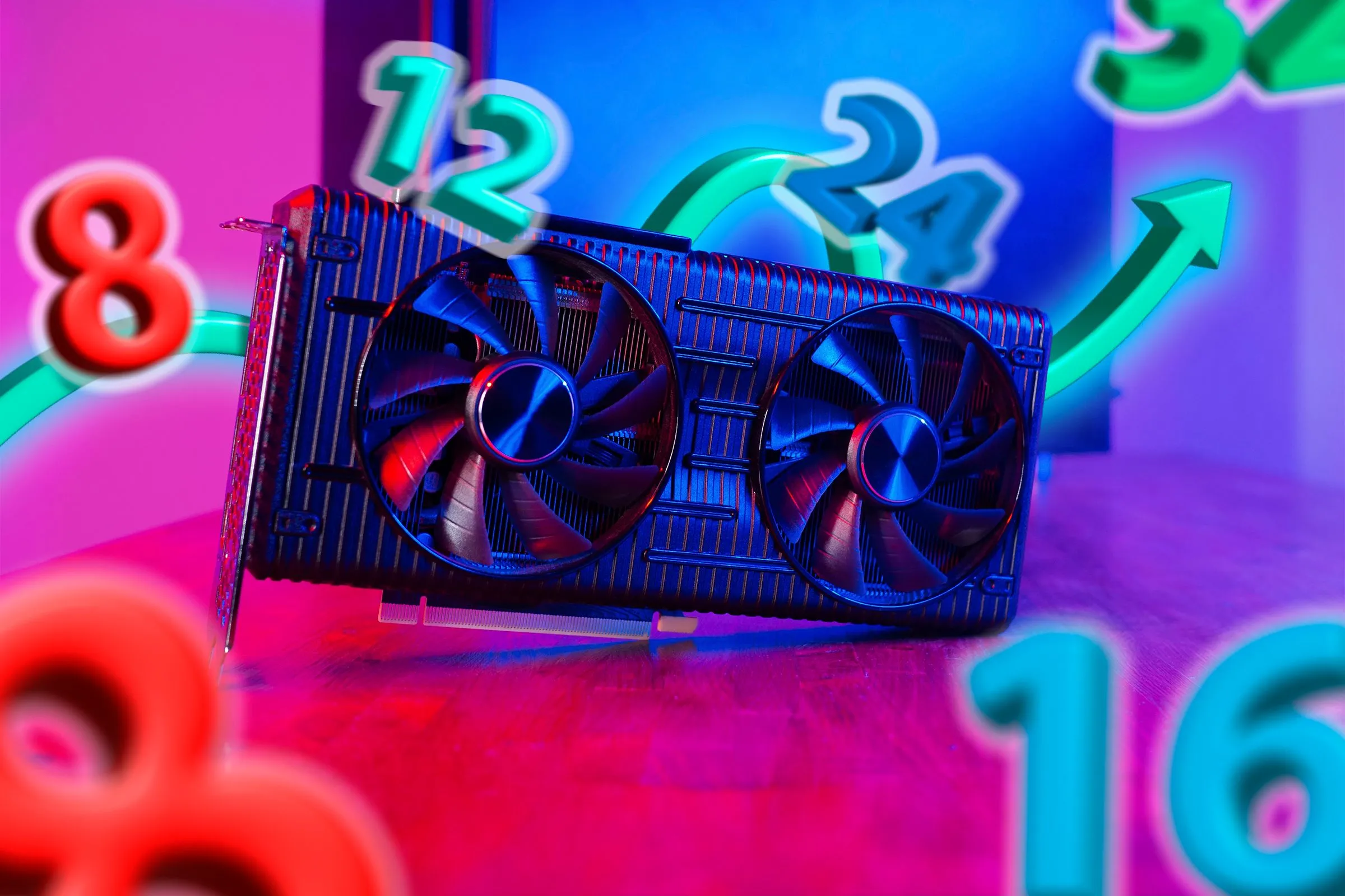 Hình ảnh minh họa card đồ họa GPU với các con số kỹ thuật, ám chỉ lỗi thiếu ROPs và các vấn đề sản xuất của dòng RTX 50.
