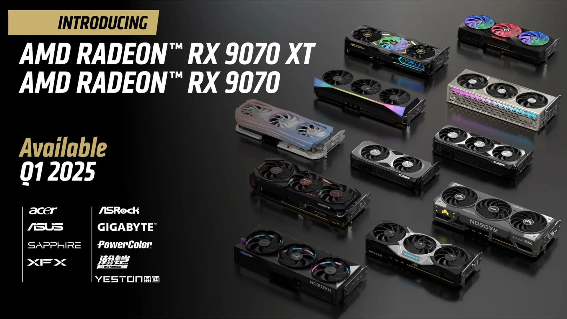 Hình ảnh phác thảo các mẫu card đồ họa AMD RX 9070 và RX 9070 XT, đại diện cho dòng RDNA 4 sắp ra mắt