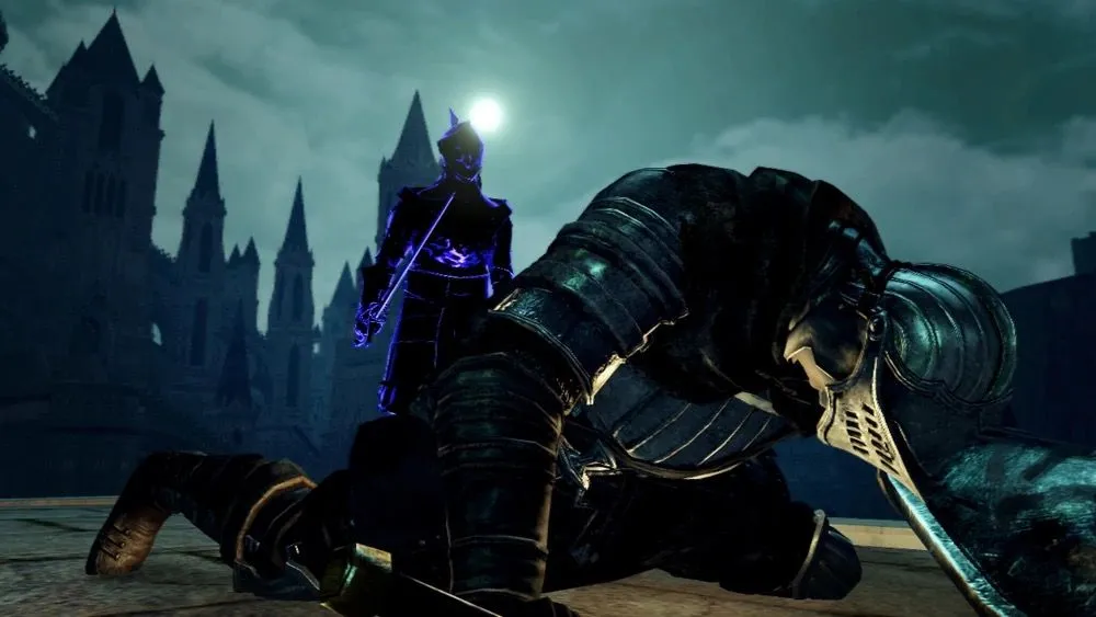 Hình ảnh quảng bá Dark Souls với Anor Londo sừng sững ở phía sau, hiển thị kiến trúc Gothic đồ sộ.