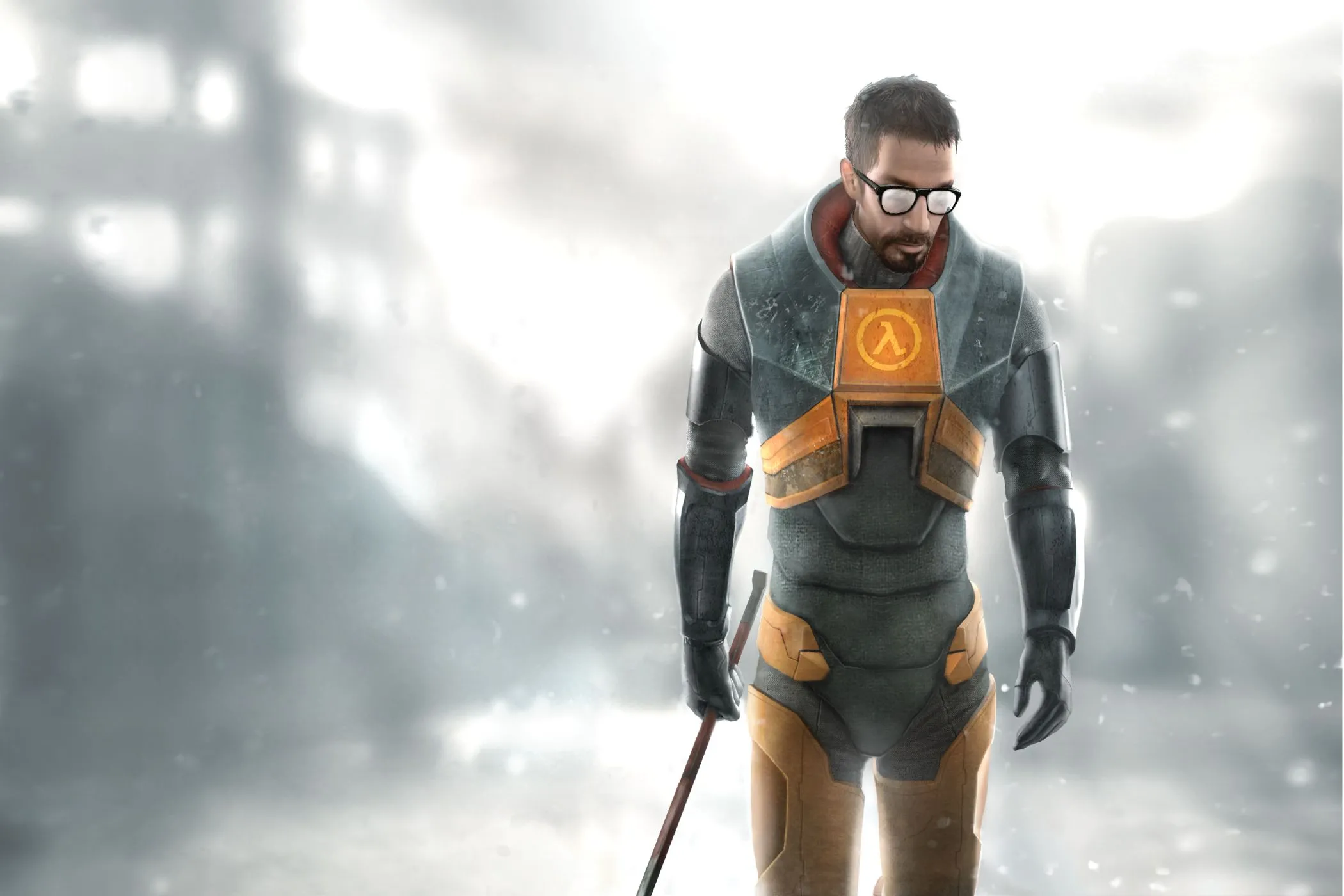 Hình ảnh quảng bá Half-Life 2 của Gordon Freeman với cây xà beng đặc trưng.