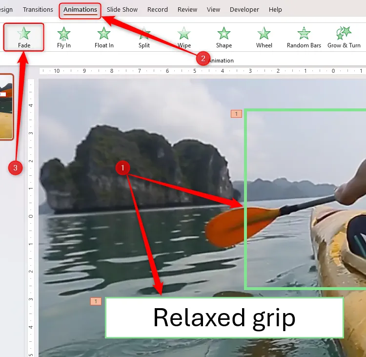 Hoạt ảnh xuất hiện Fade được thêm vào hộp văn bản và hình chữ nhật trên slide PowerPoint