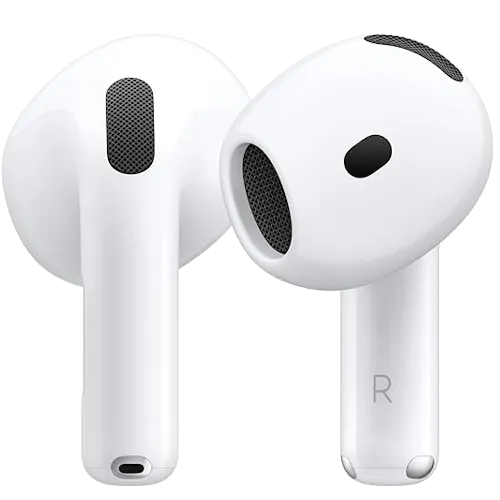Hộp sạc và tai nghe không dây Apple AirPods 4 màu trắng đặt trên nền đen, thể hiện thiết kế mới