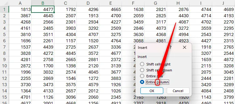 Hộp thoại Chèn trong Excel, tùy chọn 'Toàn bộ cột' được chọn bằng phím tắt C
