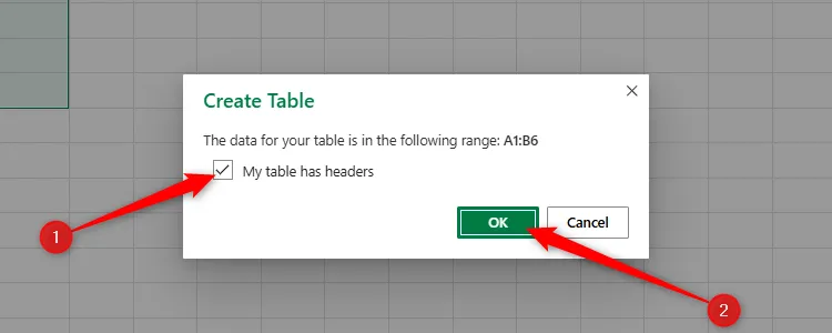 Hộp thoại &quot;Create Table&quot; trong Excel cho Web với tùy chọn &quot;My Table Has Headers&quot; được chọn.