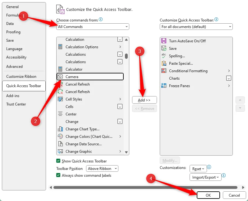 Hộp thoại Excel Options hiển thị các bước để thêm công cụ Camera vào Quick Access Toolbar.