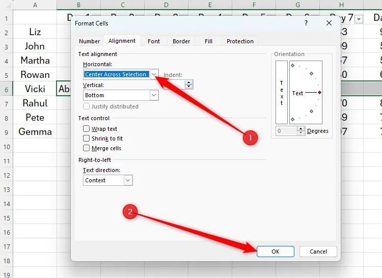 Hộp thoại Format Cells của Excel với tab Alignment được mở, tùy chọn Horizontal được đặt là Center Across Selection để căn giữa văn bản.