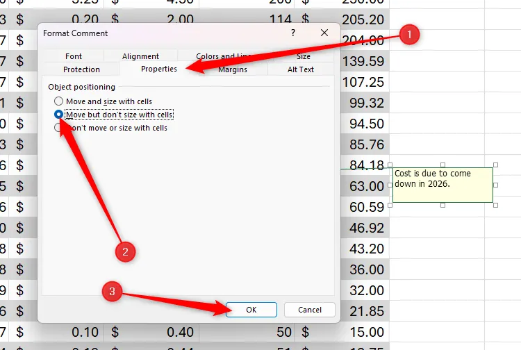 Hộp thoại &quot;Format Comment&quot; (Định dạng Bình luận) cho ghi chú trong Excel, với tab &quot;Properties&quot; (Thuộc tính) mở và tùy chọn &quot;Move But Don't Size With Cells&quot; (Di chuyển nhưng không thay đổi kích thước theo ô) được chọn