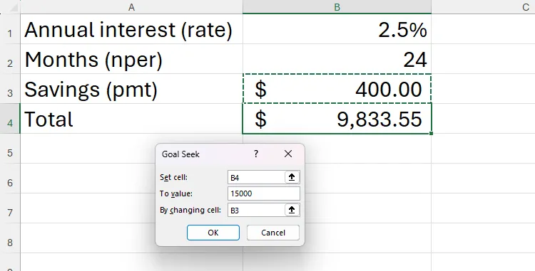 Hộp thoại Goal Seek trong Excel, với các trường Set Cell, To Value và By Changing Cell được điền thông tin.