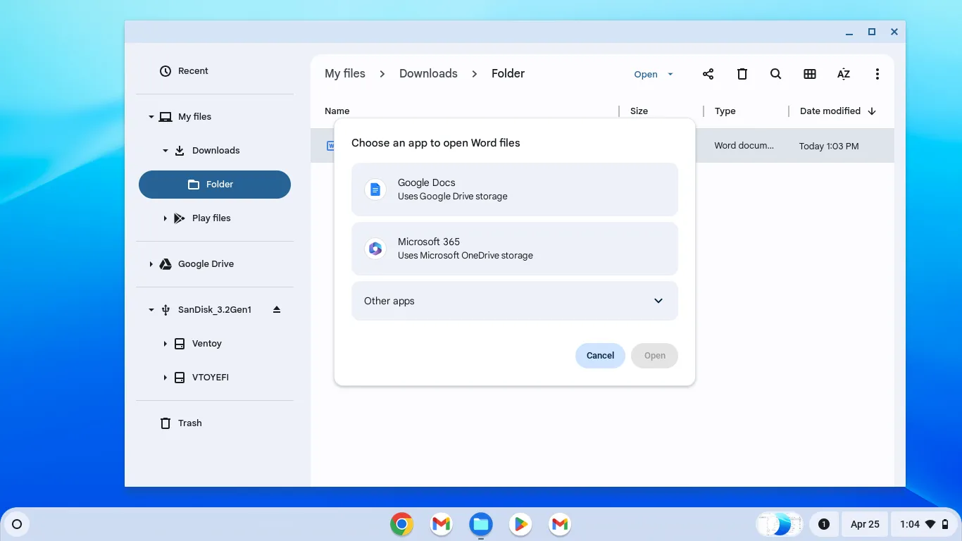 Hộp thoại lựa chọn mở tệp Word trên Chromebook, so sánh với khả năng quản lý tệp trên DeX.