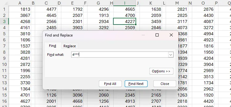 Hộp thoại Tìm và Thay thế trong Excel với '4***' được nhập vào trường 'Tìm gì'
