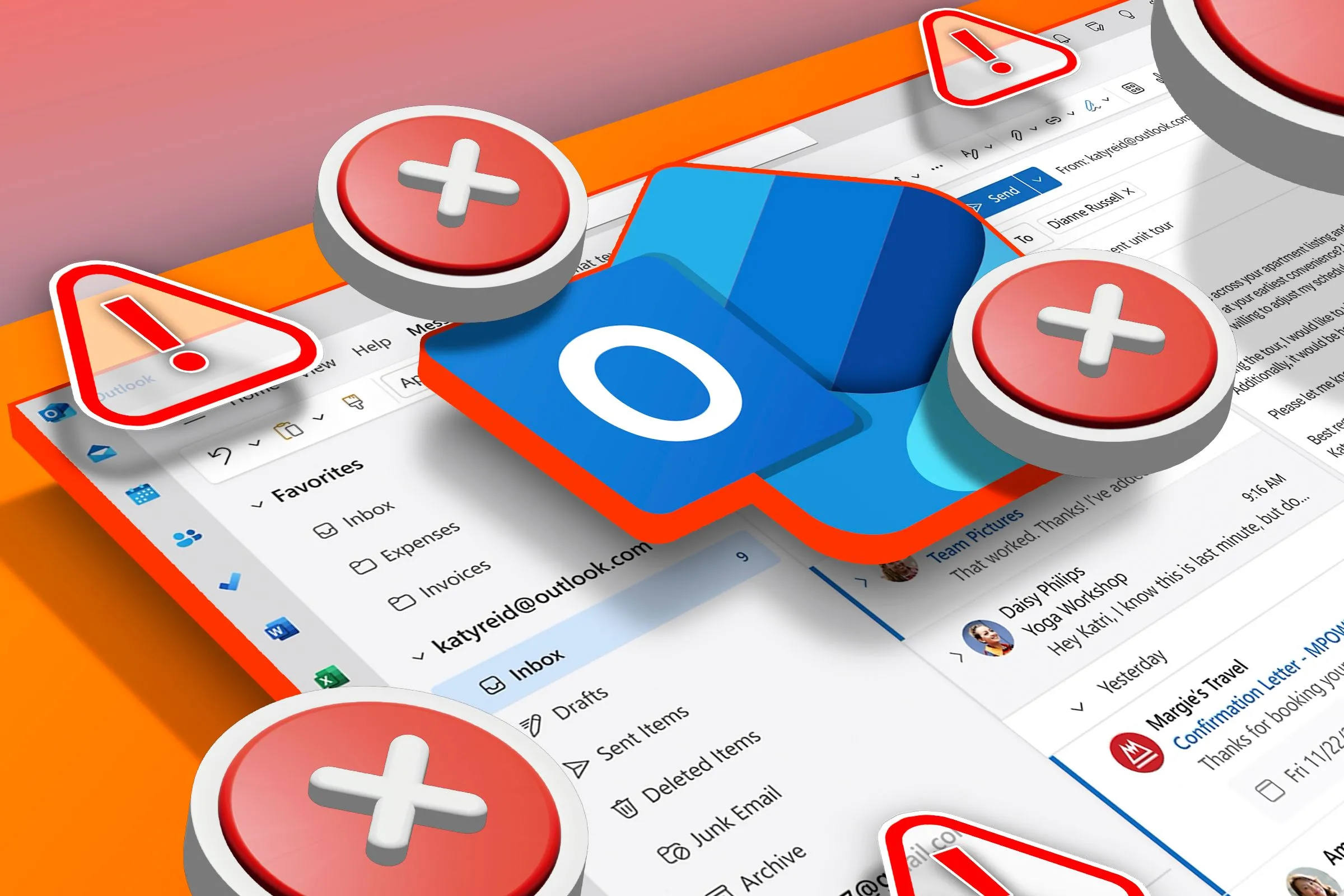 Hộp thư đến Outlook với logo mới và các biểu tượng cảnh báo