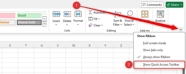Hướng dẫn bật hiển thị Quick Access Toolbar trong Excel.