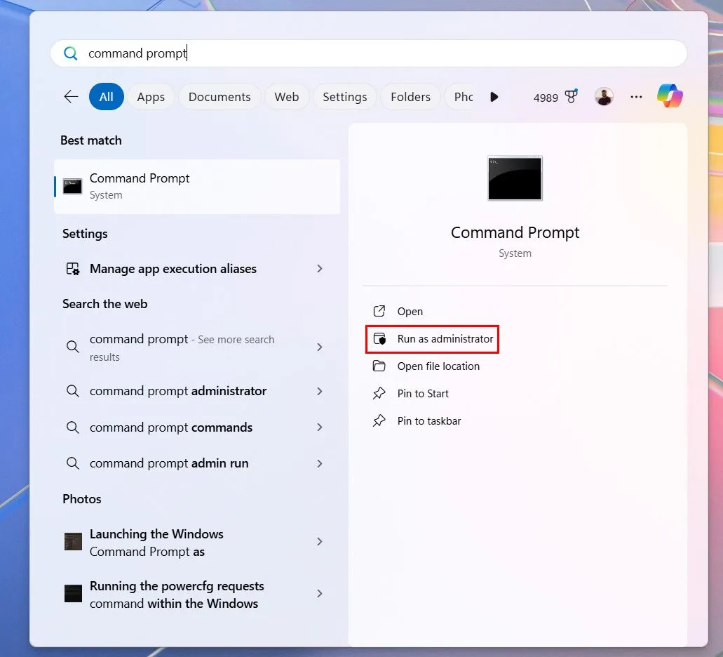 Hướng dẫn mở Command Prompt với quyền quản trị trên Windows để thực thi lệnh powercfg.