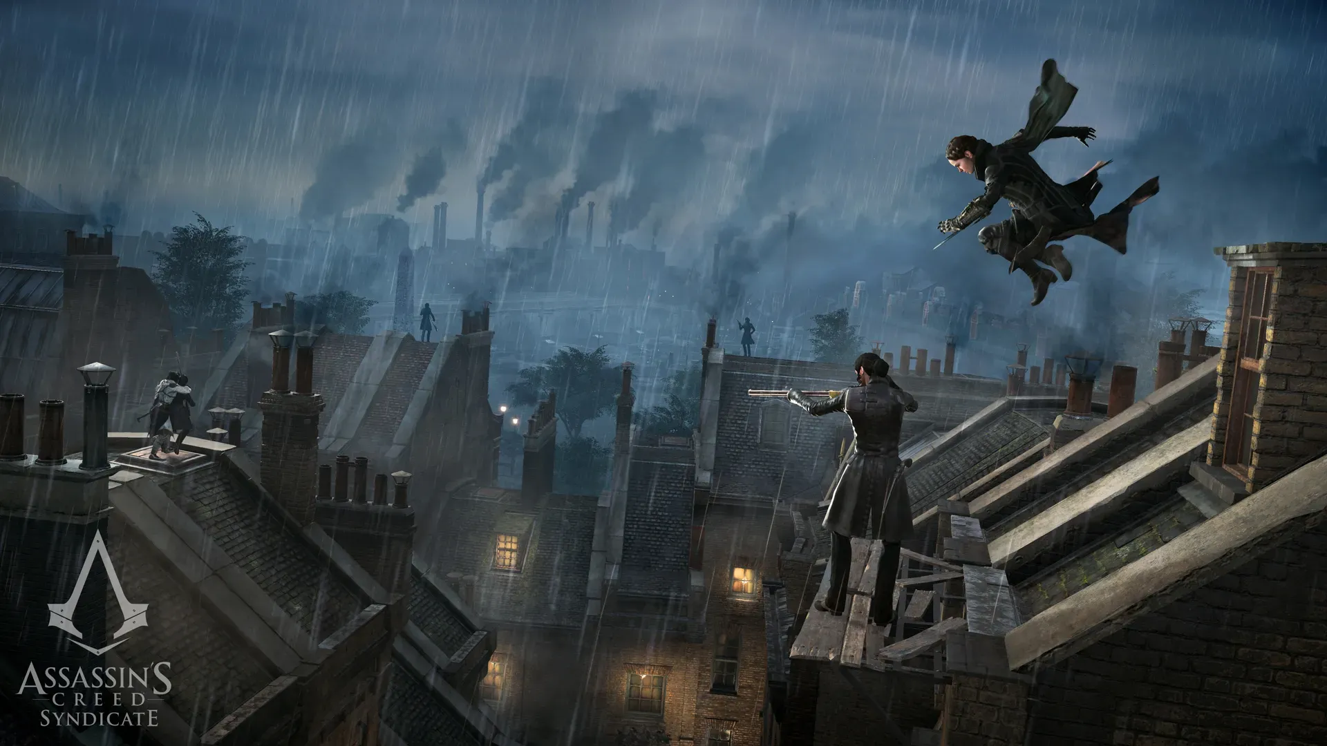 Jacob Frye và Evie Frye trong Assassin's Creed Syndicate, bối cảnh London Victoria với đường chân trời công nghiệp