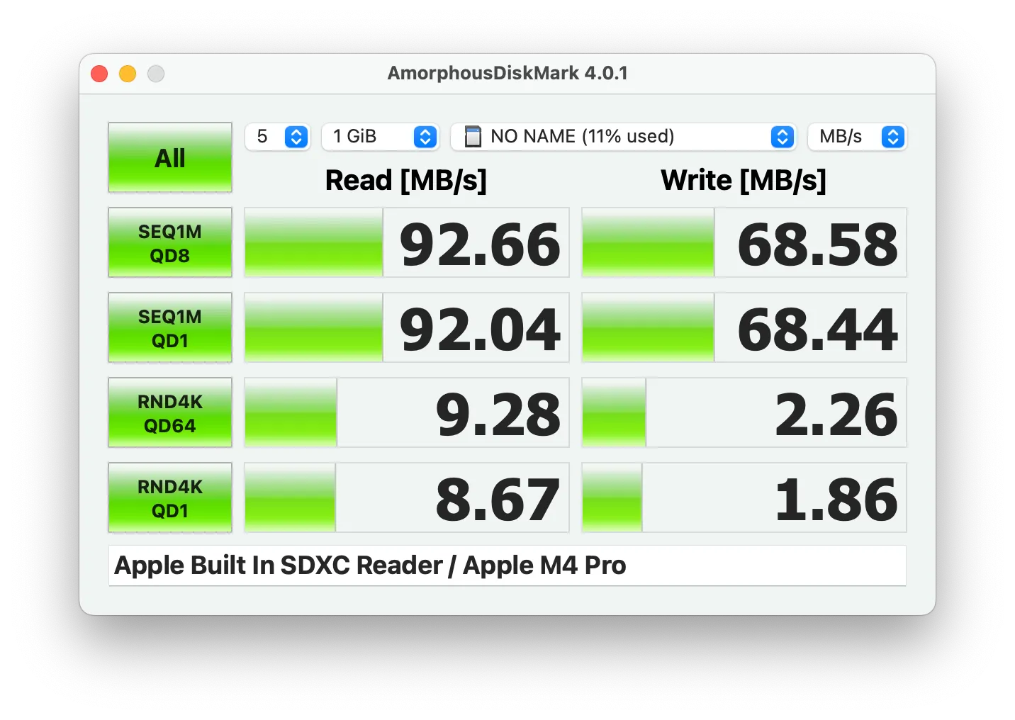 Kết quả benchmark tốc độ đọc ghi của thẻ nhớ SD trong laptop, cho thấy hiệu năng đọc 92 MB/s và ghi 68 MB/s, chậm hơn đáng kể so với SSD.