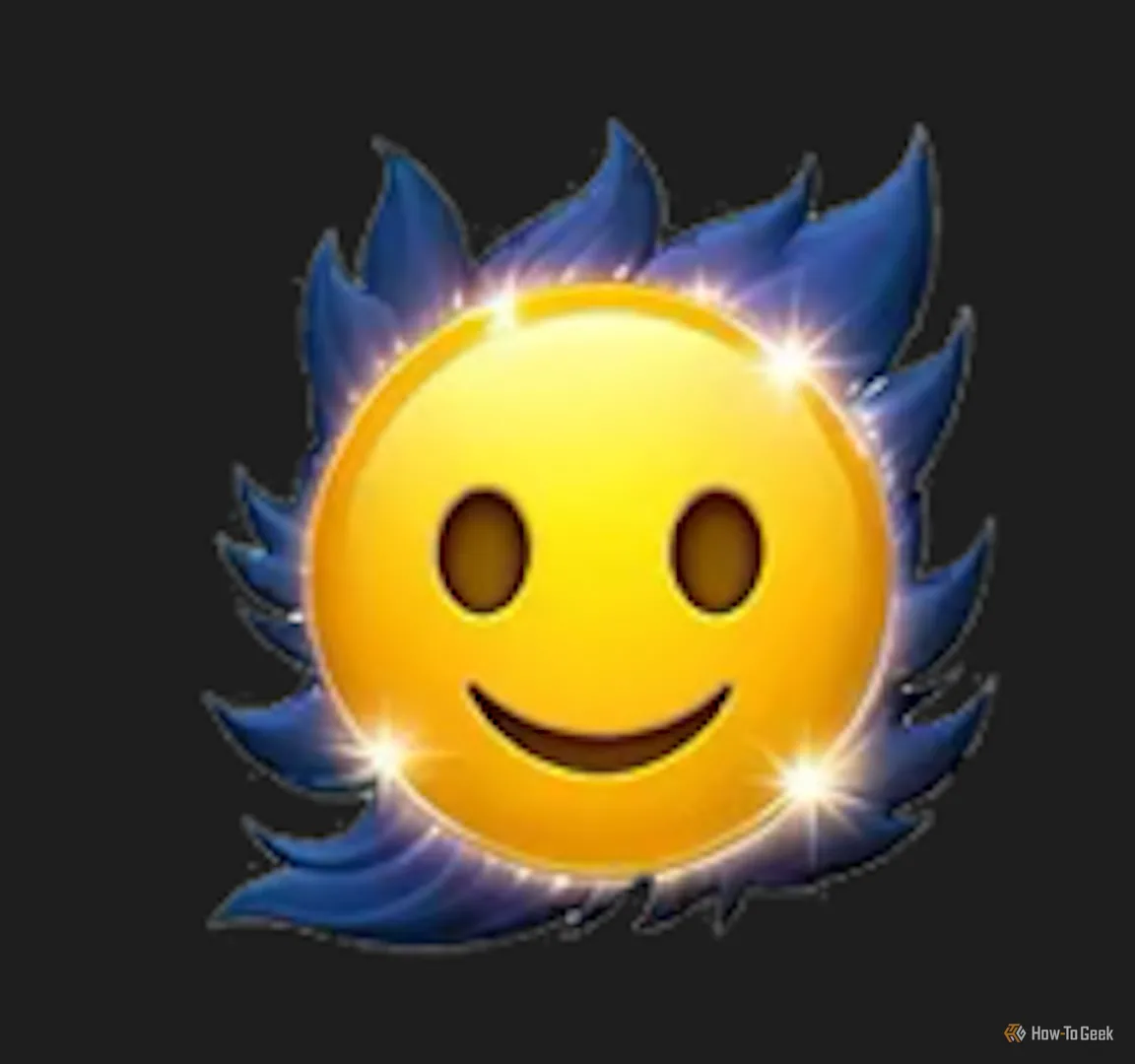 Khuôn mặt emoji với ngọn lửa xanh rực, Genmoji hùng mạnh theo phong cách Final Fantasy.