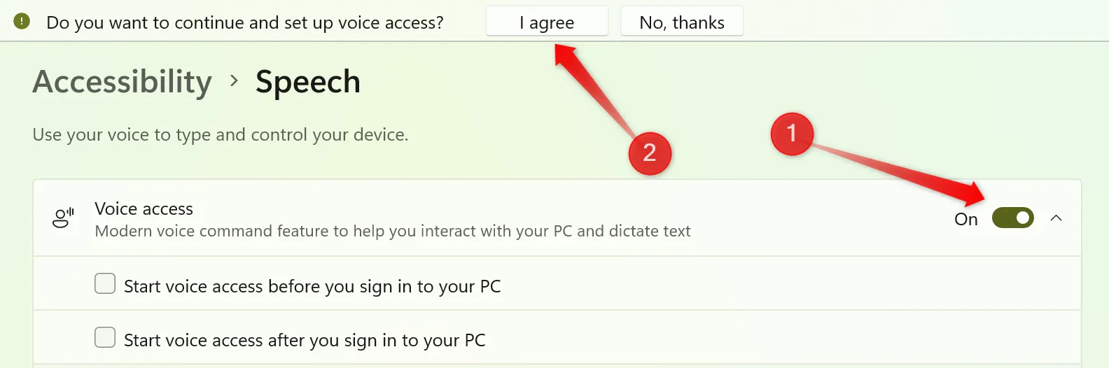 Kích hoạt tính năng Gõ bằng giọng nói (Voice Access) trong cài đặt trợ năng của Windows để nhập văn bản không cần dùng tay.