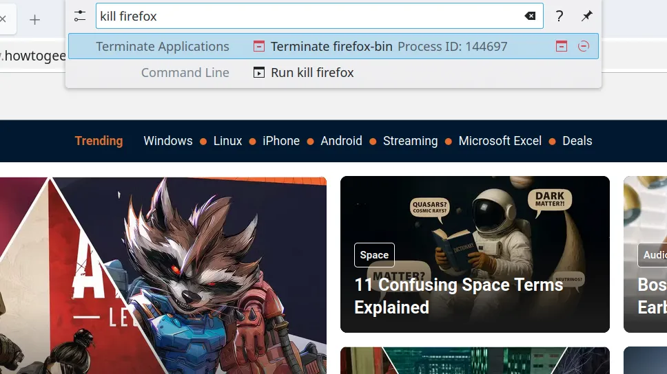 KRunner hiển thị các tùy chọn lệnh kill cho ứng dụng Firefox, minh họa khả năng quản lý tiến trình