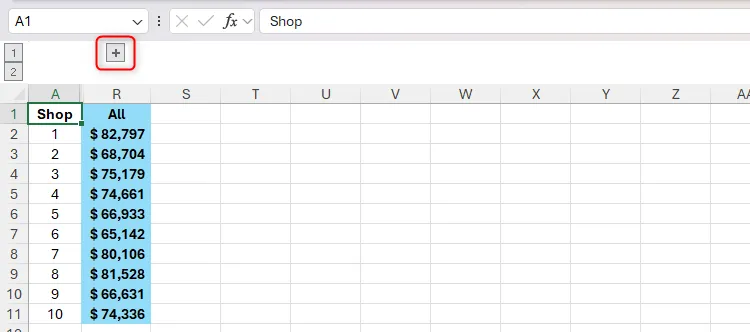 Ký hiệu dấu cộng (+) trong Excel cho biết các cột đã nhóm hiện đang được thu gọn và có thể mở rộng.
