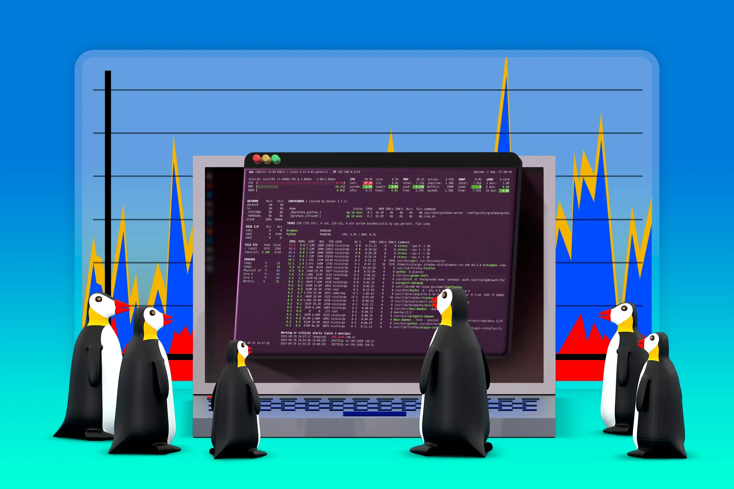 Laptop chạy Linux với cửa sổ terminal mở, nhiều chú chim cánh cụt Tux đang theo dõi màn hình, thể hiện khả năng tinh chỉnh cấp hệ thống dễ dàng qua lệnh Linux.