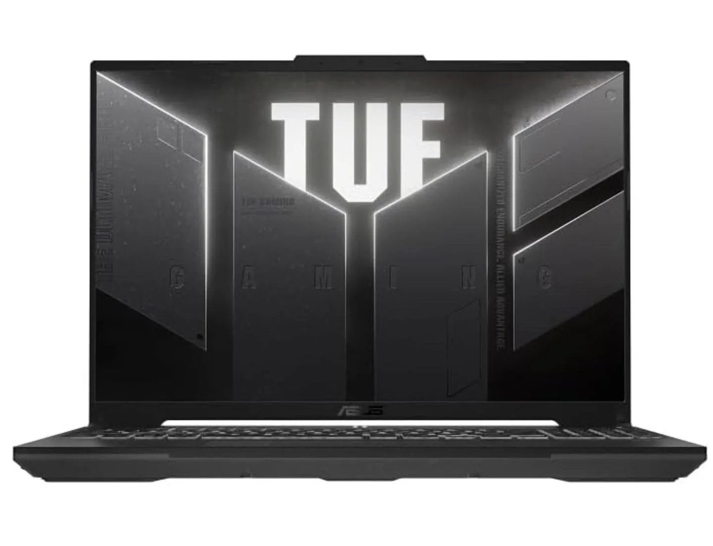 Laptop gaming ASUS TUF Gaming A16 màu xám với màn hình hiển thị game và bàn phím có đèn nền RGB