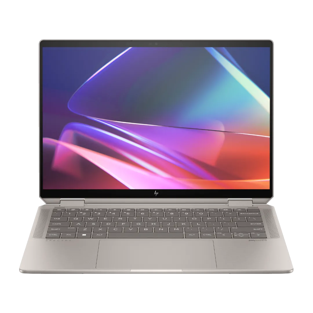 Laptop HP Spectre x360 14 phiên bản 2024 màu đen, hiển thị chế độ lều hoặc chế độ máy tính bảng, làm nổi bật màn hình cảm ứng OLED chất lượng cao.