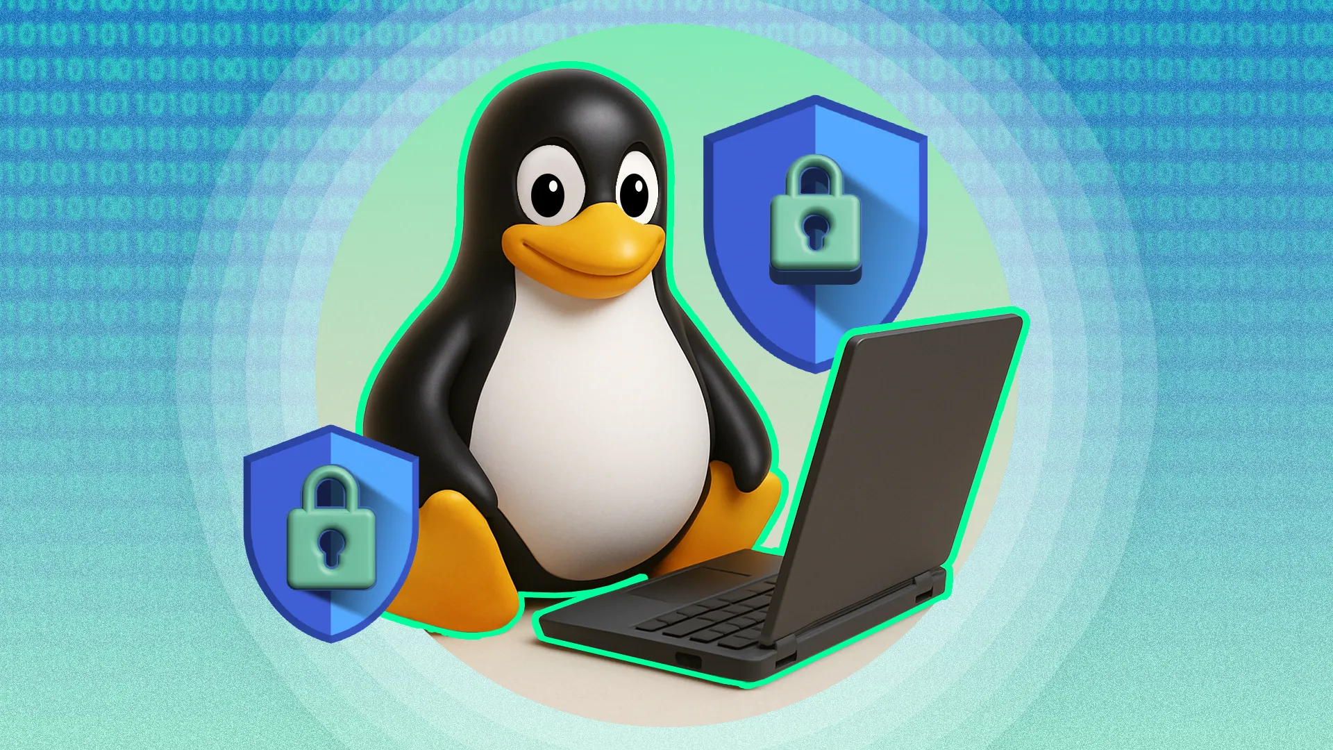 Linh vật Linux Tux ngồi cạnh laptop cùng biểu tượng lá chắn bảo mật, minh họa khả năng bảo mật đơn giản và hiệu quả của hệ điều hành Linux.