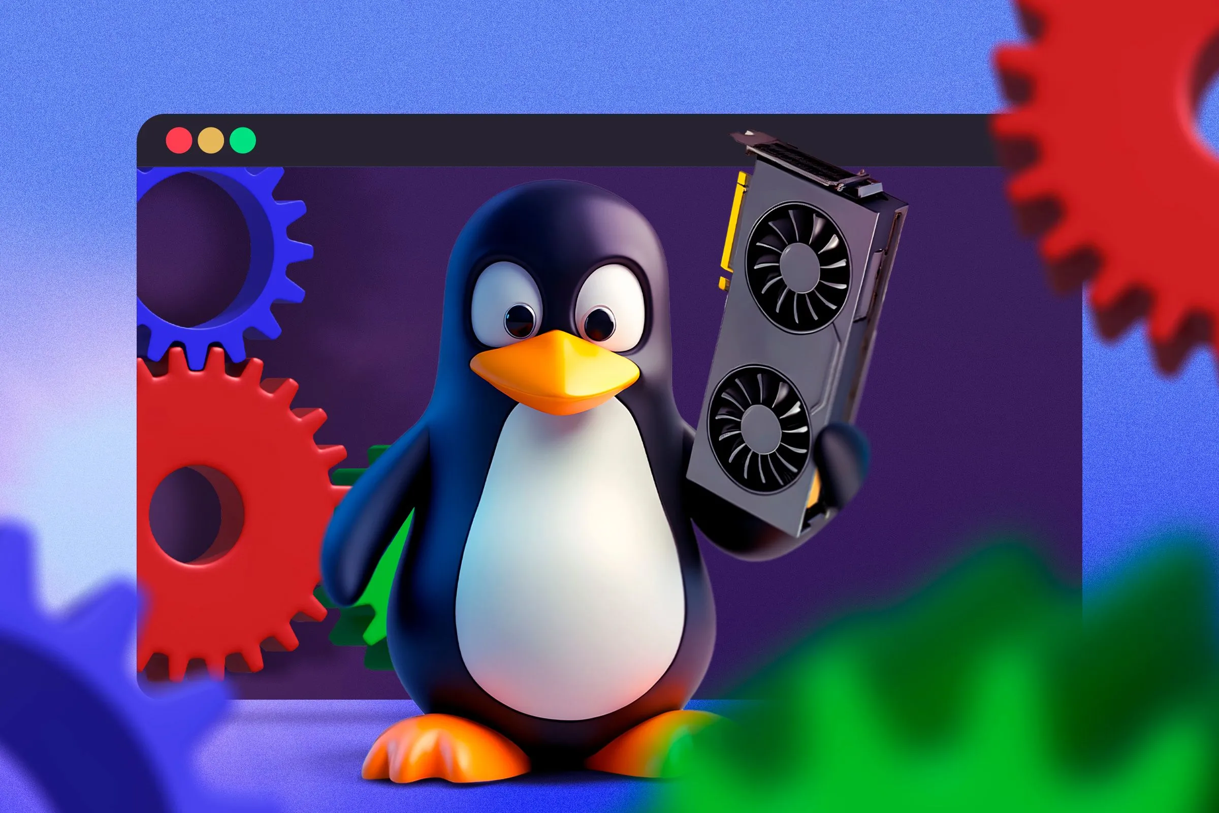 Linh vật Linux Tux ôm một card đồ họa với bánh răng phía sau, tượng trưng cho việc nâng cấp distro Linux không đòi hỏi nâng cấp phần cứng.