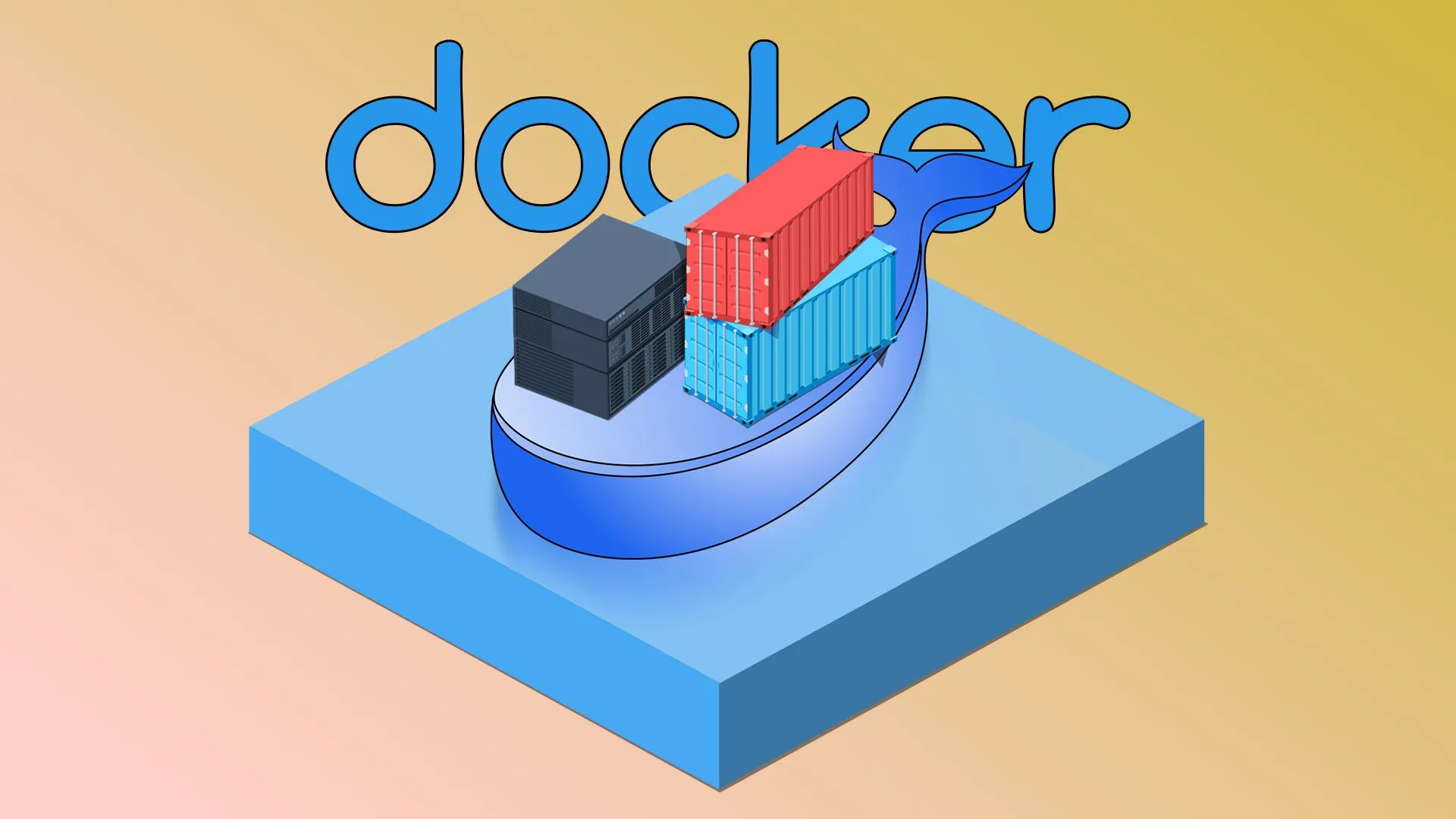 Logo Docker với cá voi chở container và máy chủ NAS, minh họa khả năng chạy ứng dụng và máy ảo trên Unraid