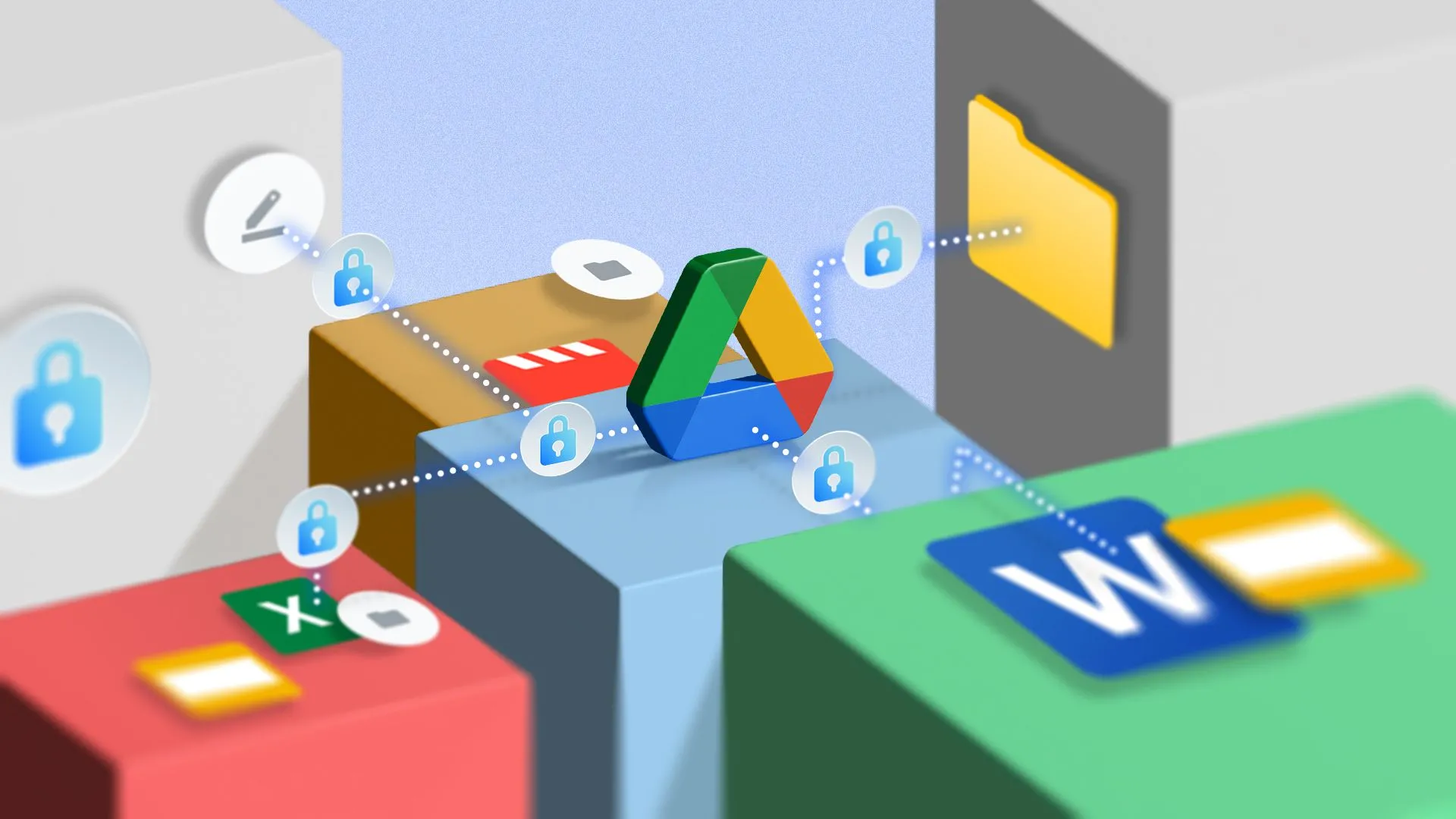 Logo Google Drive và các tệp tin Google với biểu tượng khóa, minh họa dịch vụ lưu trữ đám mây an toàn và đáng tin cậy