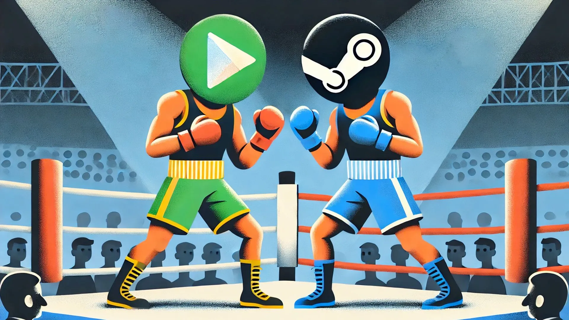 Logo Google Play và Steam trên hình ảnh hai võ sĩ quyền Anh, tượng trưng cho sự cạnh tranh khốc liệt trên thị trường game