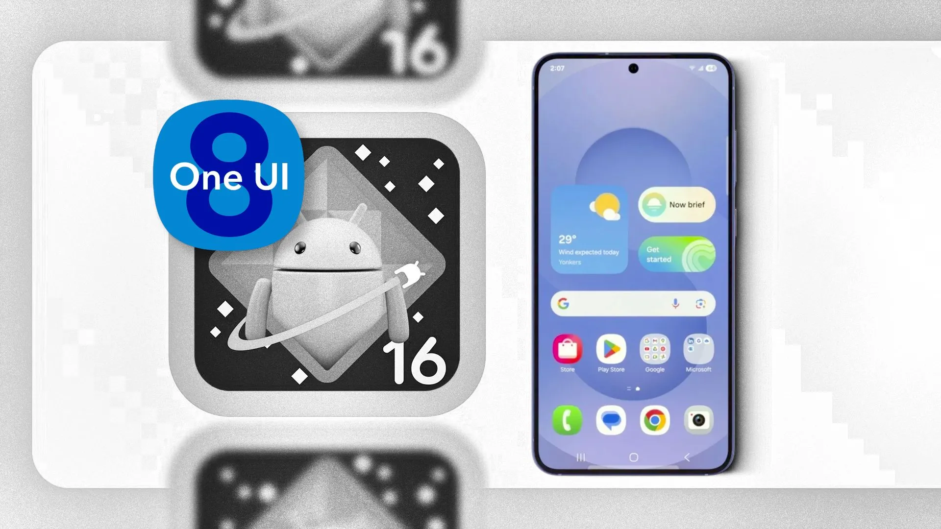 Logo One UI 8 và Android 16 đặt cạnh một điện thoại Samsung, biểu thị sự ra mắt và so sánh hai giao diện