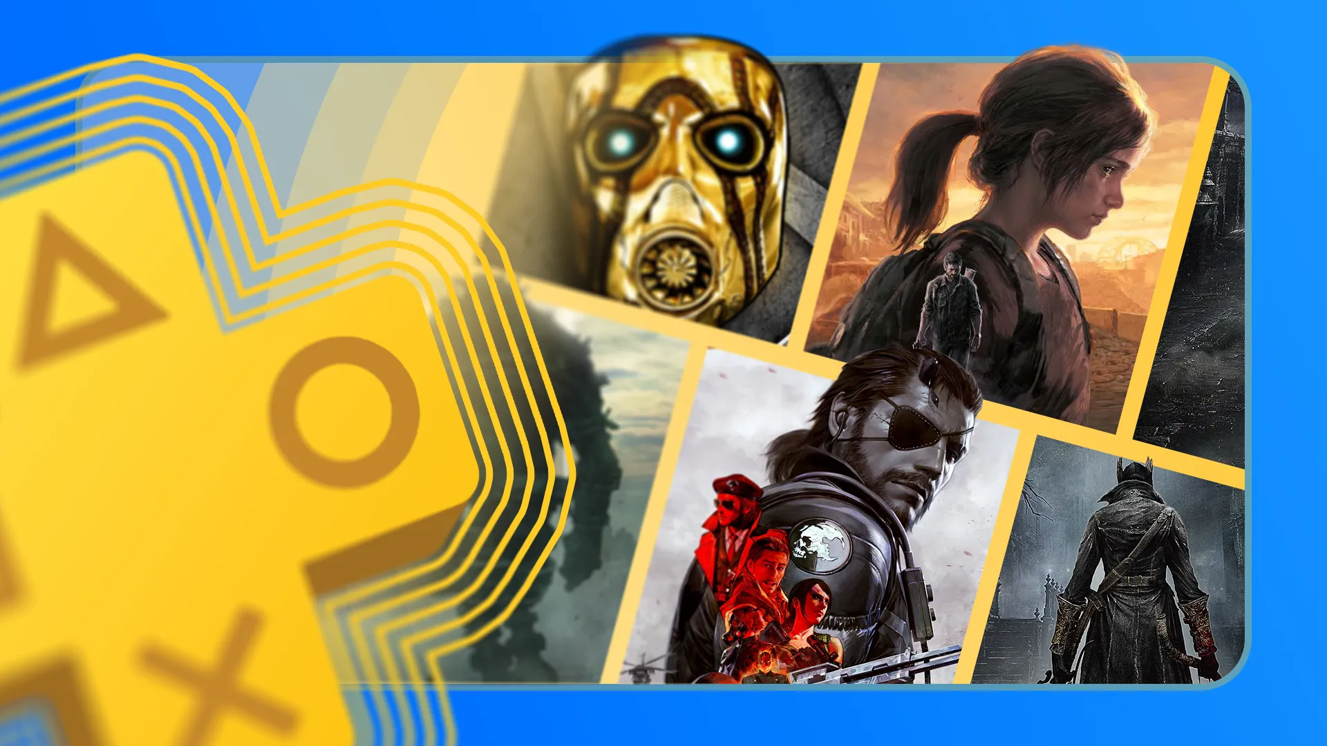 Logo PlayStation Plus cùng một số tựa game, biểu tượng của dịch vụ lưu trữ đám mây và đồng bộ game
