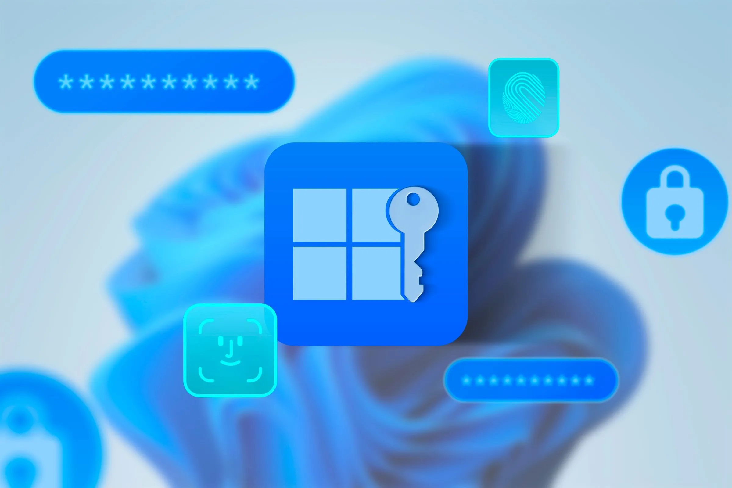 Logo Windows 11 với biểu tượng chìa khóa, cùng các icon liên quan đến mật khẩu, bảo mật và nhận diện khuôn mặt.