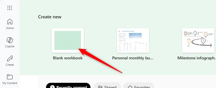 Lựa chọn &quot;Blank Workbook&quot; để bắt đầu bảng tính mới trong Excel cho Web.
