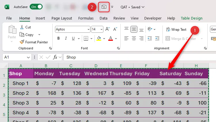 Lựa chọn dữ liệu trong Excel và nhấn biểu tượng Camera Tool trên Quick Access Toolbar.