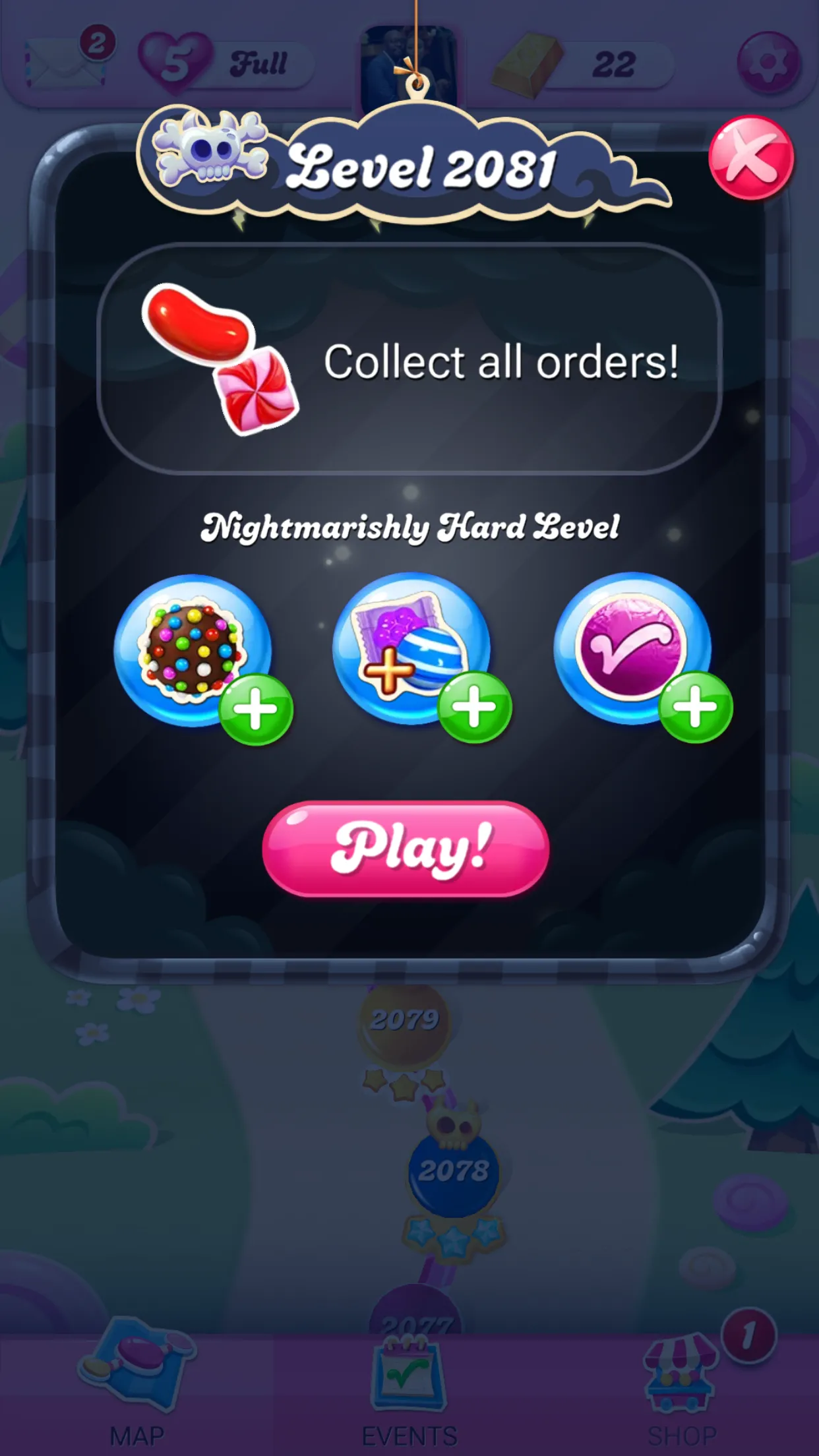 Màn hình bắt đầu cấp độ trong game Candy Crush Saga trên iPhone, đơn giản và dễ thao tác