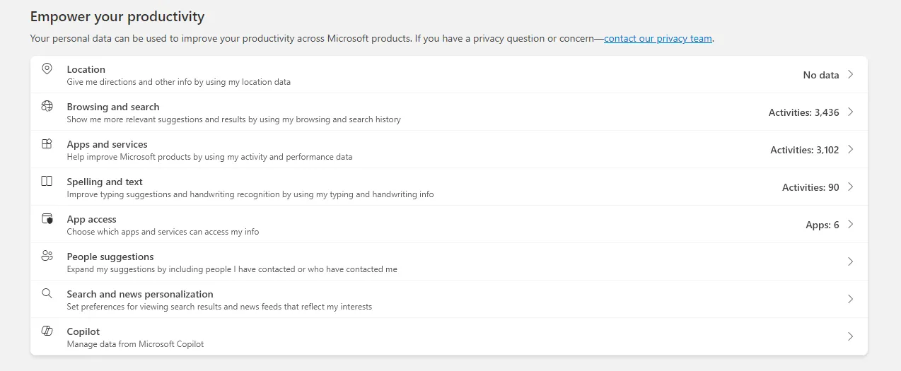 Màn hình cài đặt chi tiết trong Microsoft Privacy Dashboard, cho phép xem, tải xuống và xóa các hoạt động cá nhân