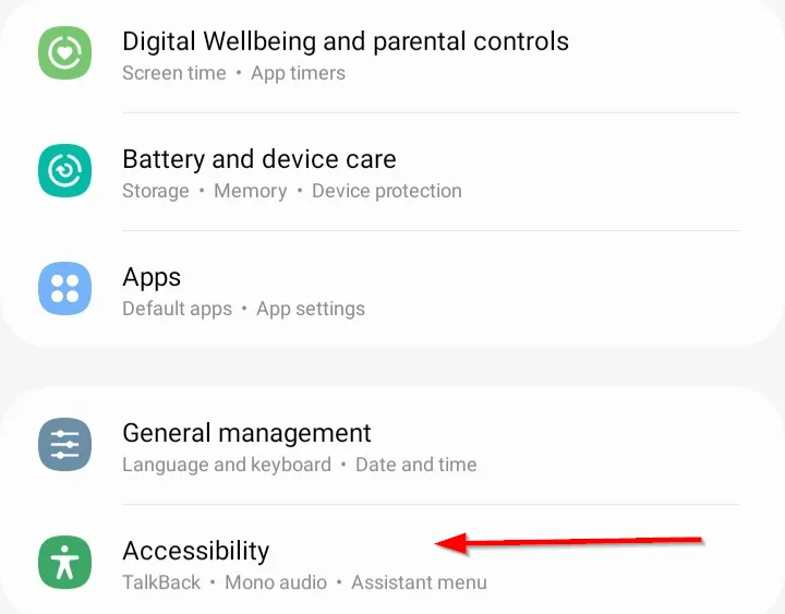 Màn hình cài đặt Samsung Galaxy với mục &quot;Accessibility&quot; (Hỗ trợ tiếp cận) được chọn.