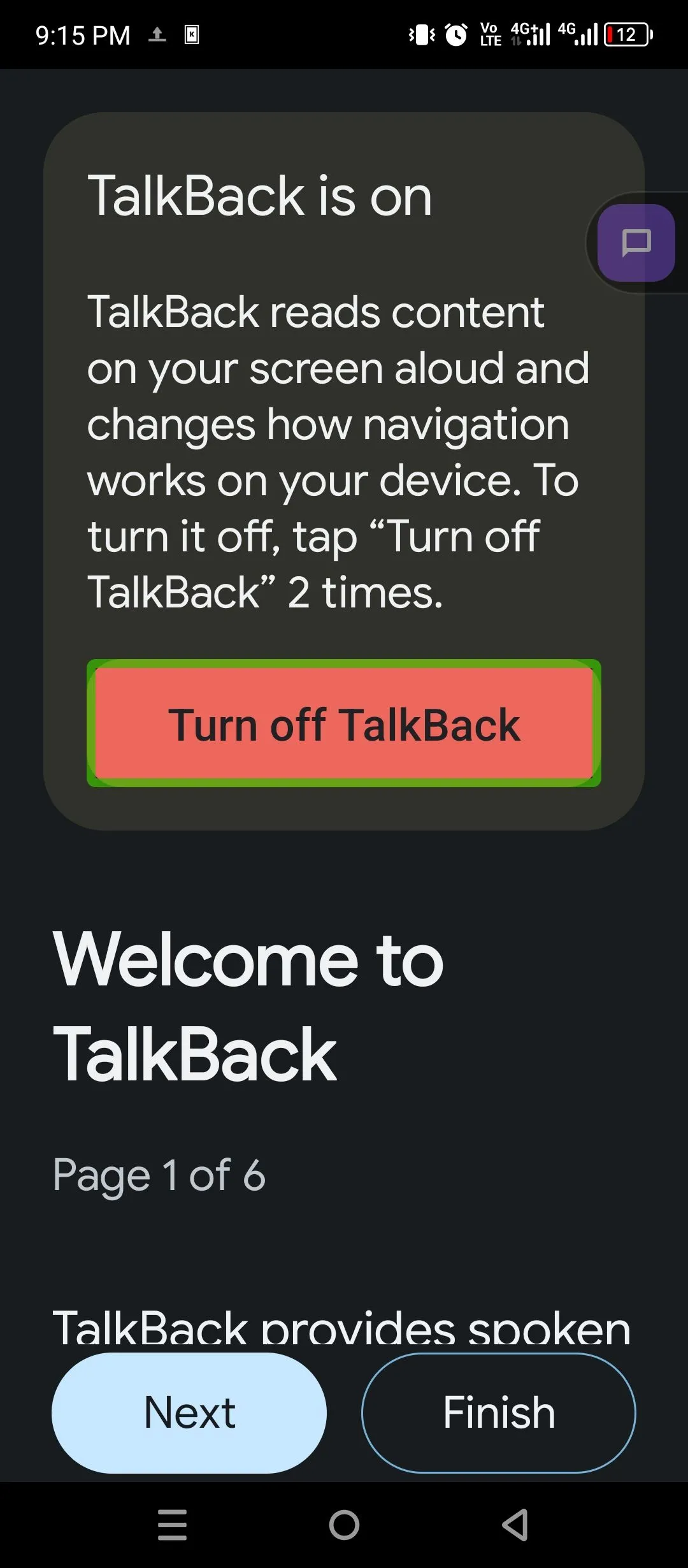 Màn hình chào mừng và hướng dẫn khởi động TalkBack trên Android.