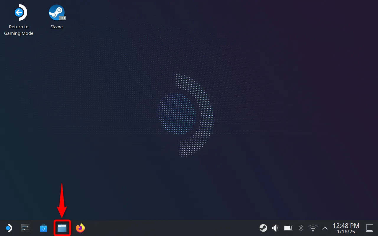 Màn hình Chế độ Máy tính (Desktop Mode) của Steam Deck với biểu tượng Trình quản lý Tệp Dolphin được tô sáng.